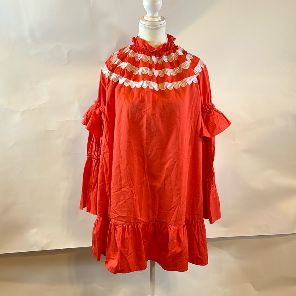Cynthia Rowley | Coral Mock Neck Long Sleeve Ruffle Embroidered Dress | Small